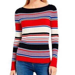 Talbots Stripe Nautical Long Sleeve Boatneck Sweater Too Button Detail Colorful